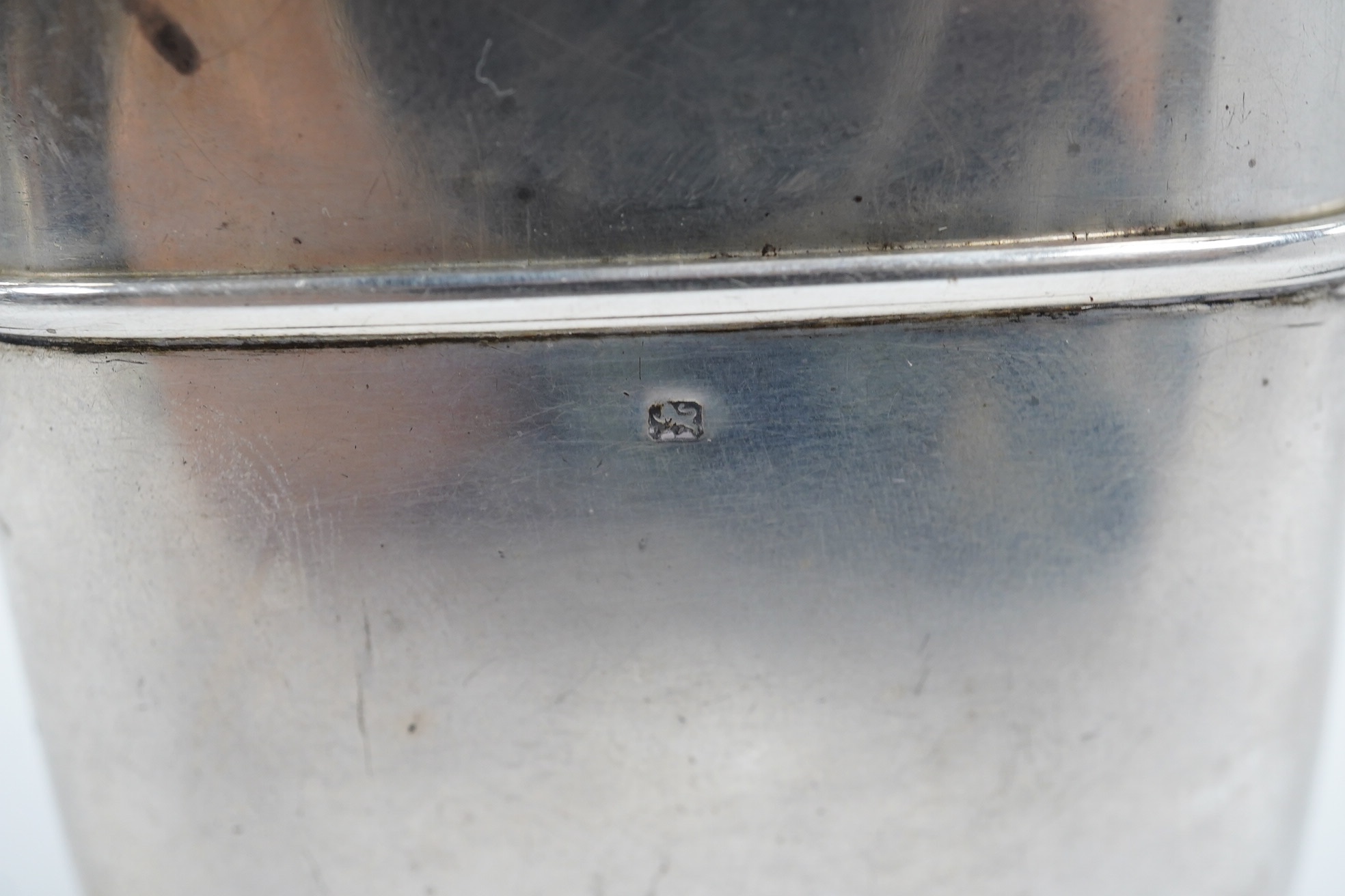 A late Victorian silver hip flask, by James Dixon & Sons, Sheffield, 13.3cm, 5.3oz. Condition - poor